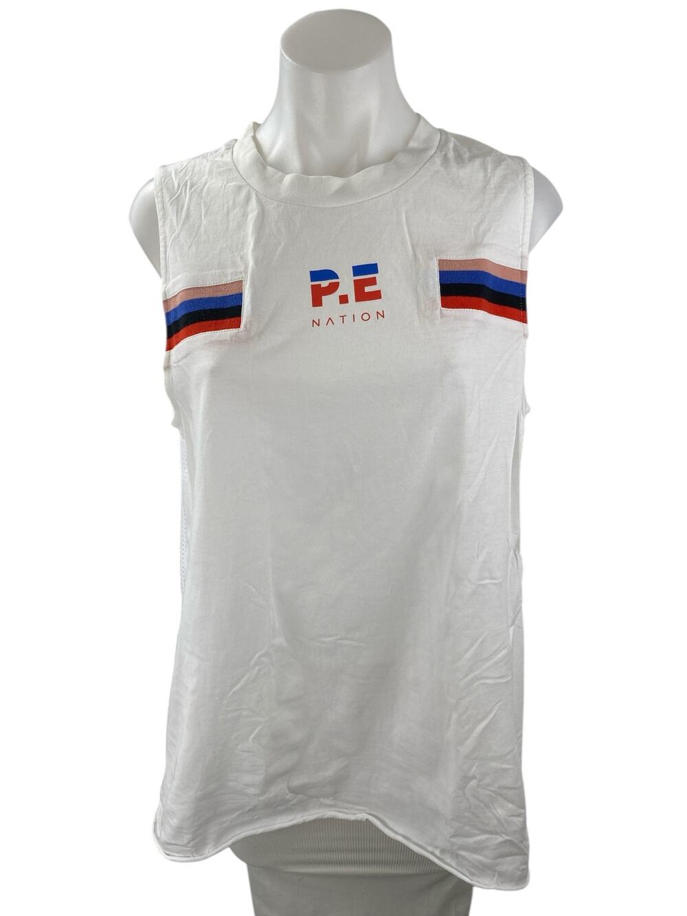 P.E Nation Women's White Striped Logo Sleeveless Athletic Muscle Tee Tank Top L